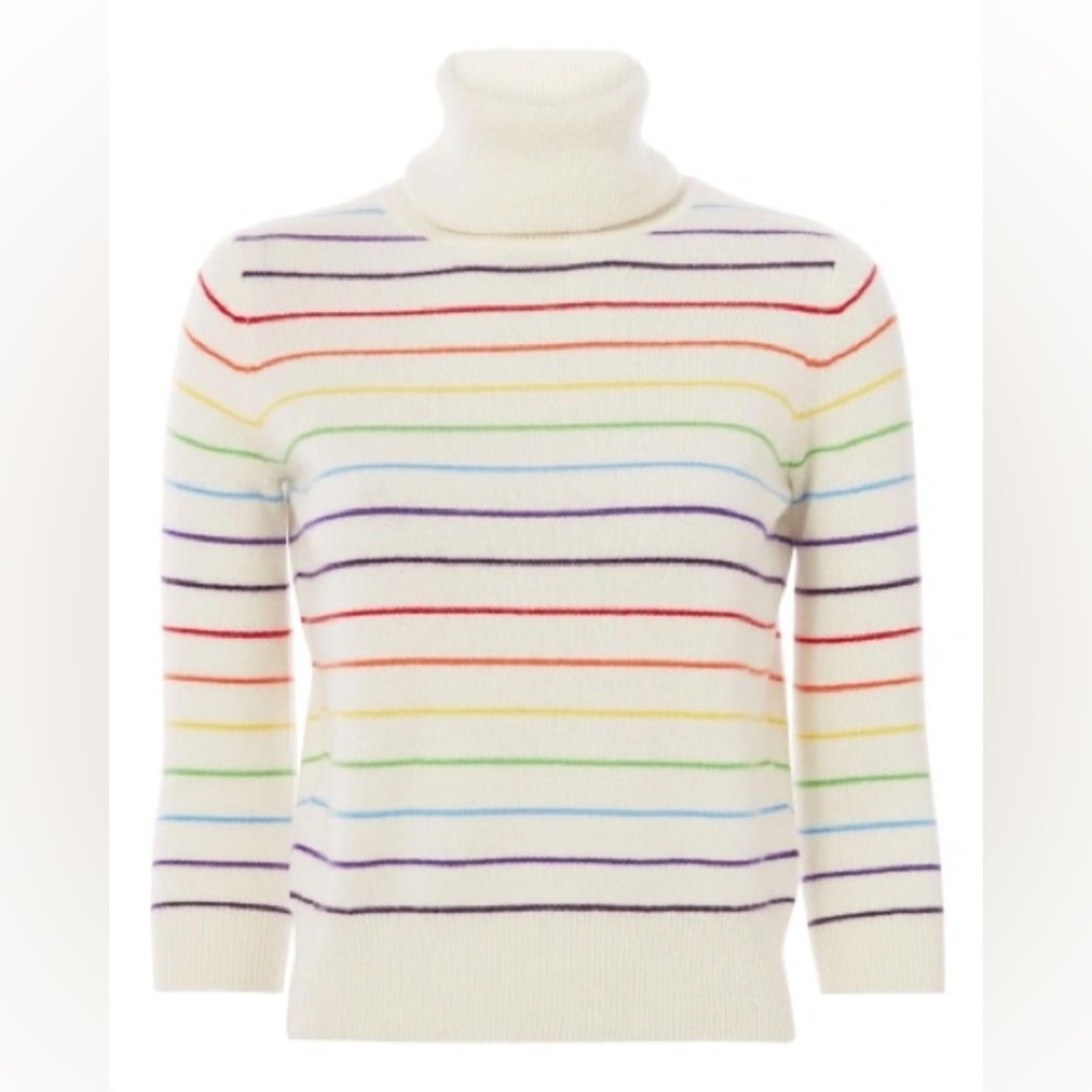 Cream and Rainbow Striped Cashmere Turtleneck 3/4 Sleeve Sweater